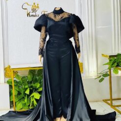 Crystal Black wedding jumpsuit with detachable train skirt