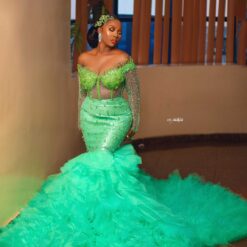 Etim Luxury hand beaded dress with tulle train